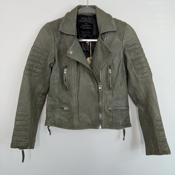 AllSaints Leather Sail Biker Moto Jacket Green Women's Size US 6 NWT Distressed - Picture 1 of 14